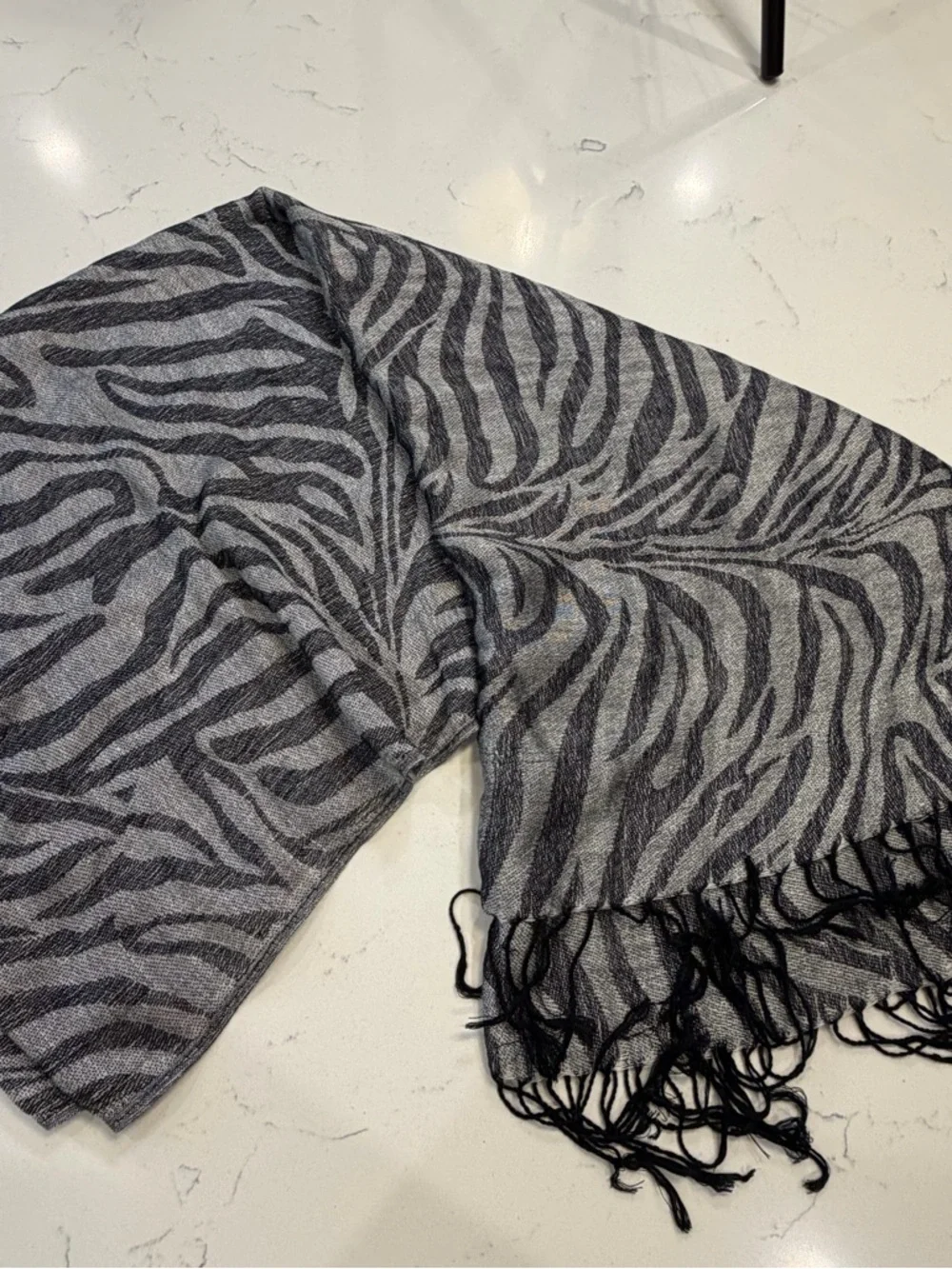 Zebra Print Fringe Scarf - Gray and Black